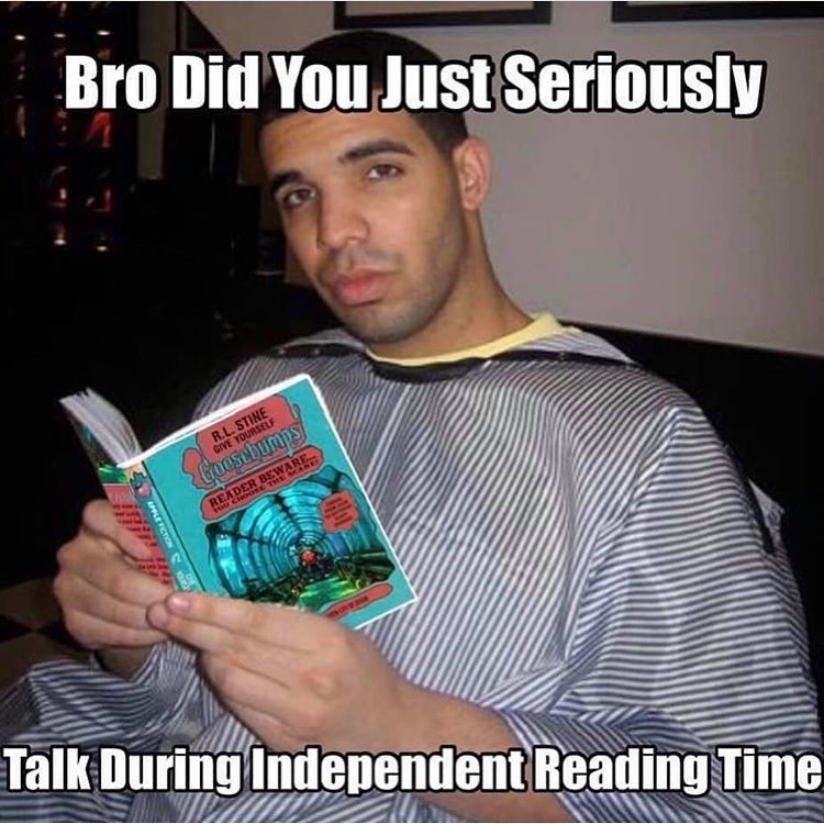 Meme: a man in a barber's cape absorbed in a Goosebumps book