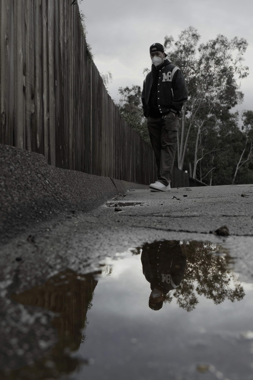 Reflections on wet pavement after rain